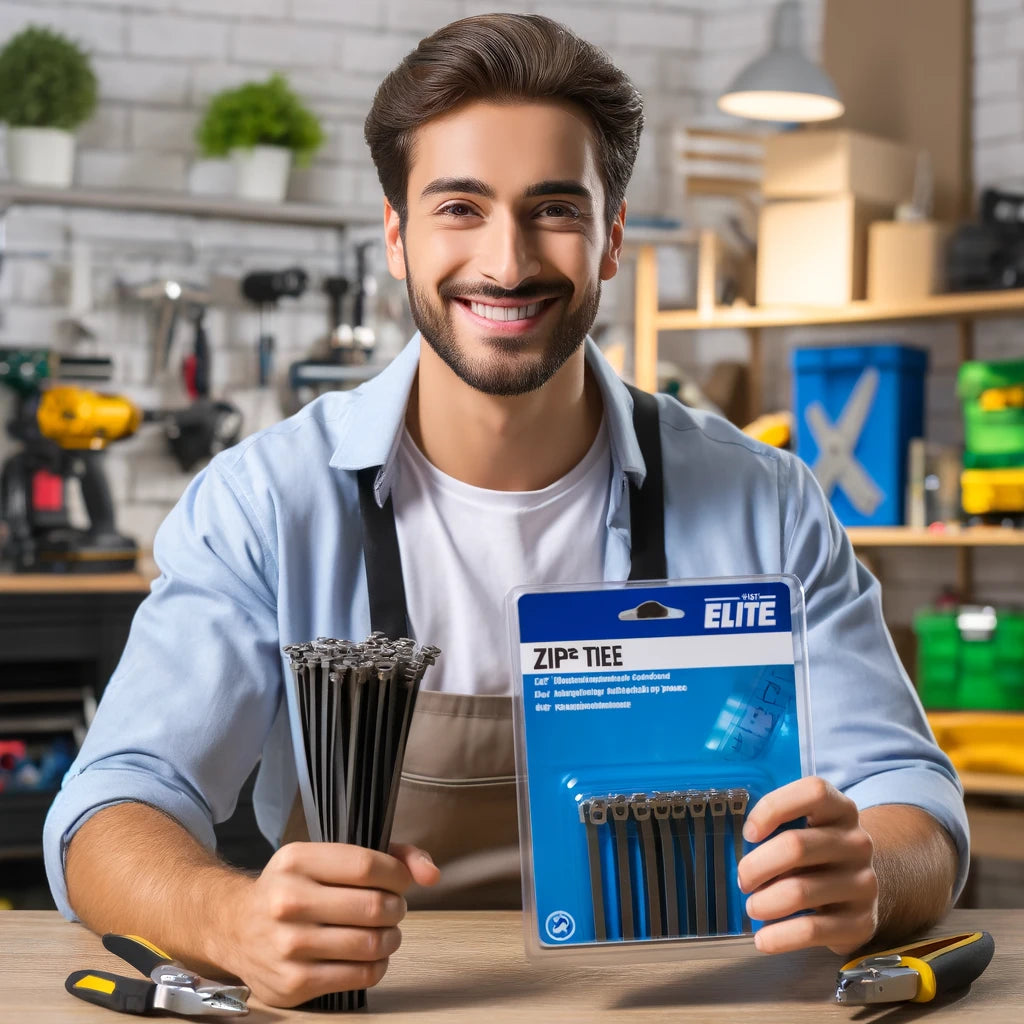 A happy customer holding a pack of Elite Zip Ties, showcasing satisfaction and quality assurance in a well-organized workshop.