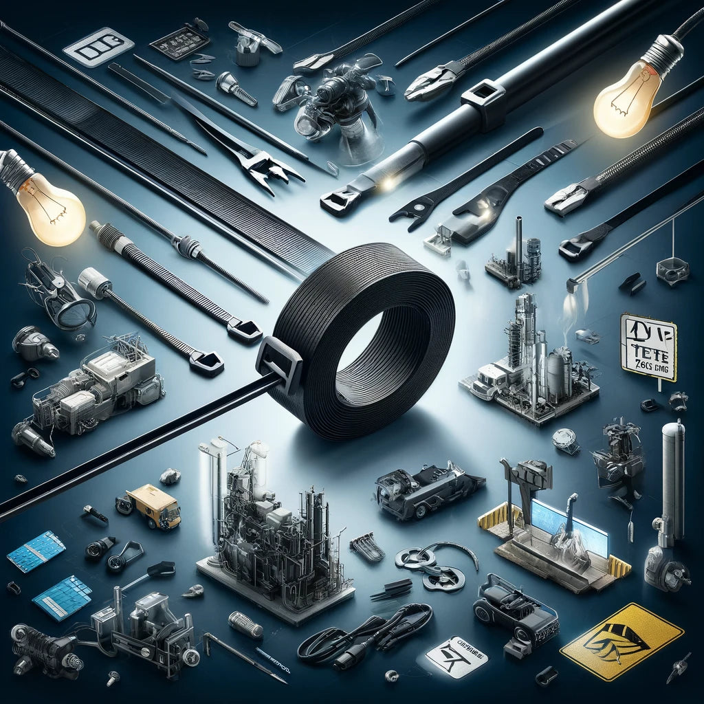 Various industrial-grade zip ties securing cables, conduits, and signs in a commercial or industrial setting, showcasing the strength, versatility, and UV resistance of black Elite Zip Ties.
