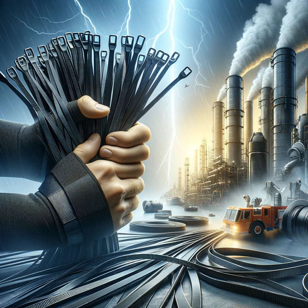Various zip ties in different tensile strengths being used in diverse applications, including heavy-duty, extra-heavy-duty, industrial strength, and extreme-duty zip ties, in a professional and industrial environment