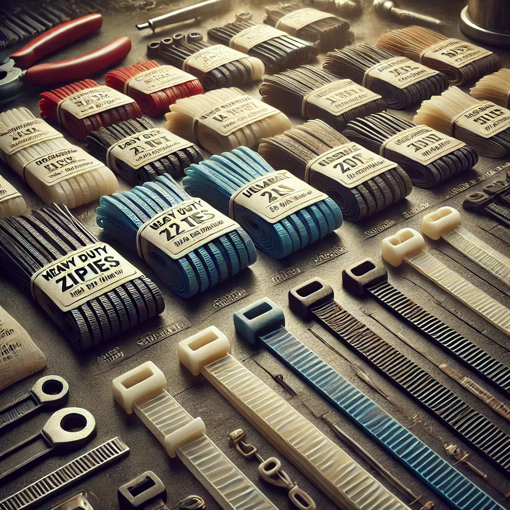 A variety of zip ties arranged on a table, showcasing different types such as heavy duty, UV-resistant, and reusable zip ties in a workshop setting with tools and cables.