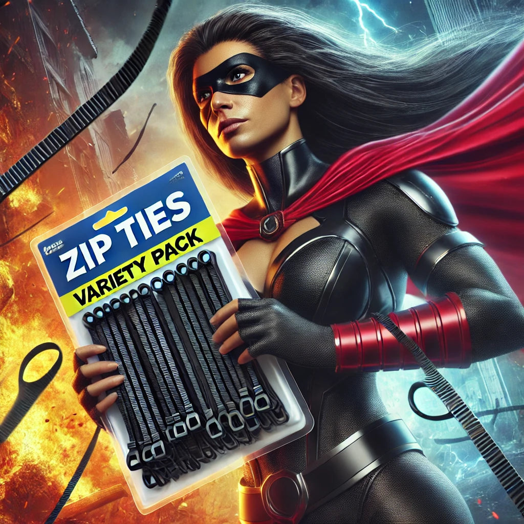 A heroic figure holding 30" 175lb black zip ties, symbolizing the strength and durability of the product.