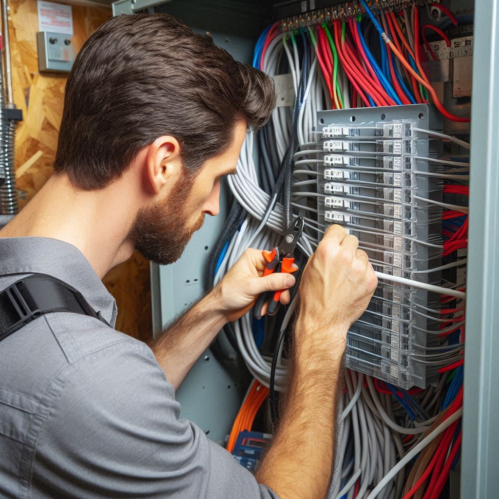 An electrician using 30" 175lb black zip ties to organize cables in an electrical panel.