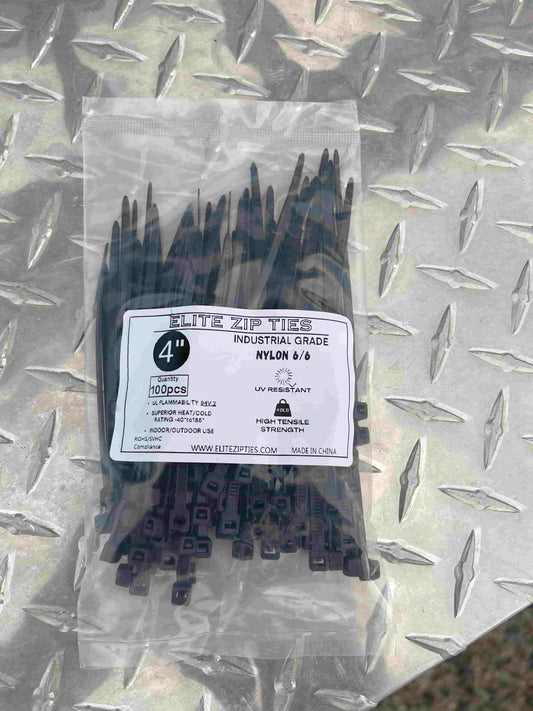 4-inch black cable ties in a 1000 pack from Elite Zip Ties, packaged on a metal background, showing product details and industrial grade.