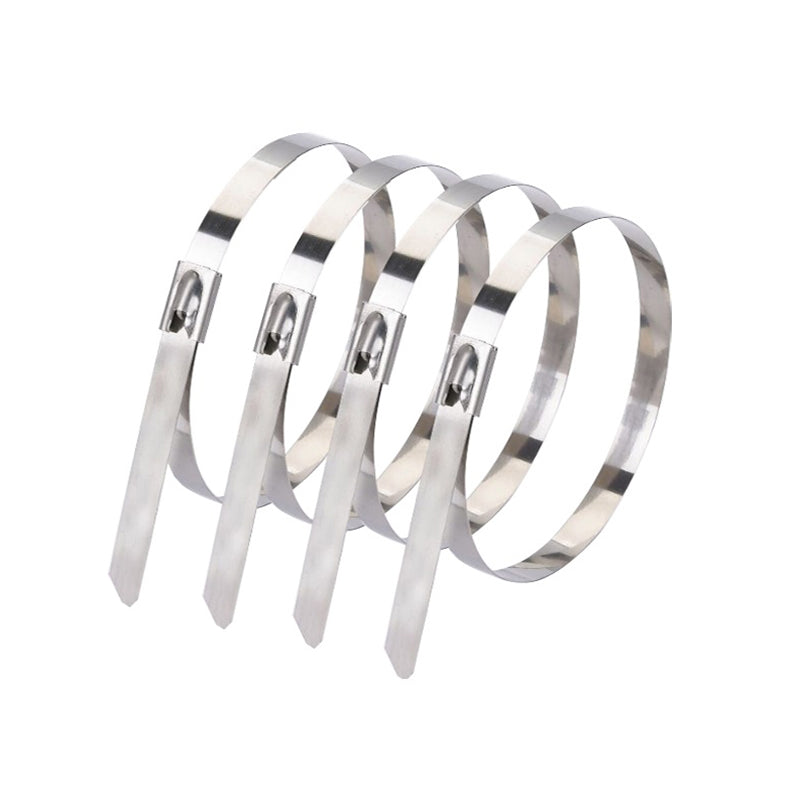 A close-up of four 5-inch stainless steel zip ties arranged in a neat, coiled formation, showcasing their sleek, corrosion-resistant finish and self-locking mechanism.