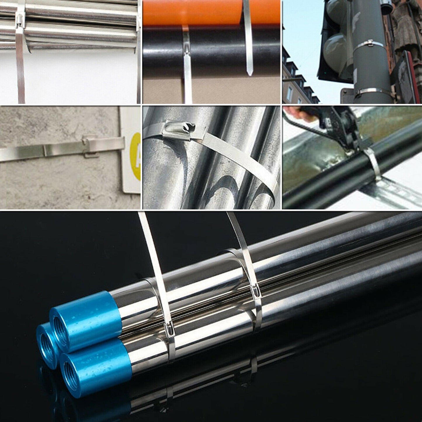 Stainless steel zip ties securing pipes and metal tubes, demonstrating their heavy-duty application and strength in industrial settings.