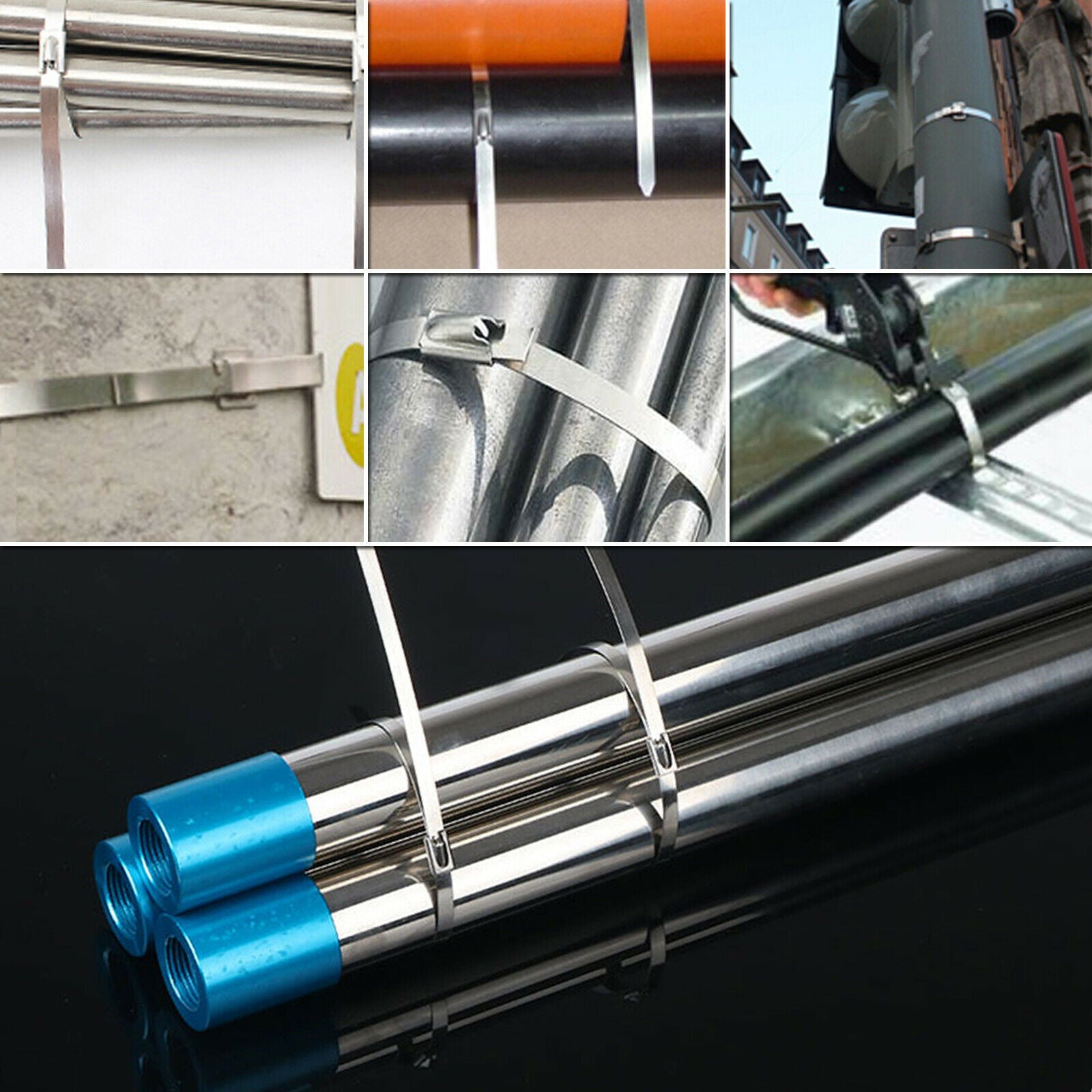 Stainless steel zip ties securing pipes and metal tubes, demonstrating their heavy-duty application and strength in industrial settings.