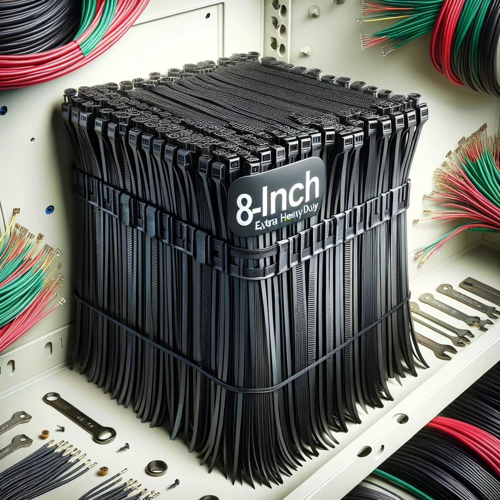 Bulk 8-inch extra heavy duty zip ties for organizing wires in an electrical panel