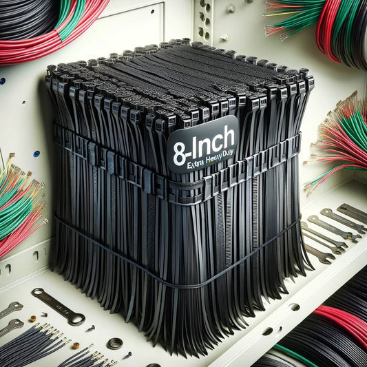 Bulk 8-inch extra heavy duty zip ties for organizing wires in an electrical panel