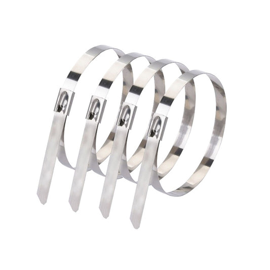 A set of 8-inch stainless steel zip ties coiled neatly, highlighting their corrosion-resistant 304 stainless steel design and self-locking mechanism.