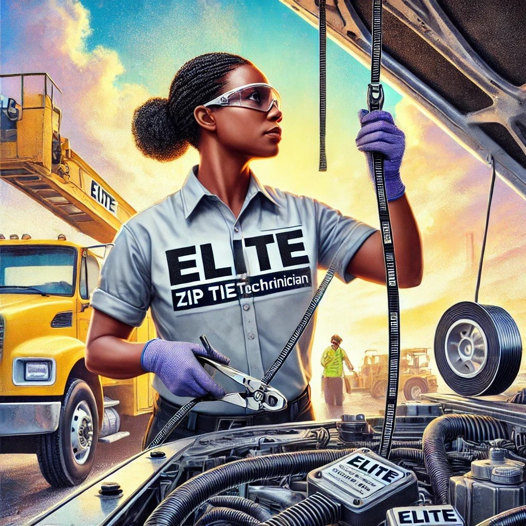 Elite zip tie technician using 4-inch 40lb heavy-duty ties on a construction site for secure fastening.