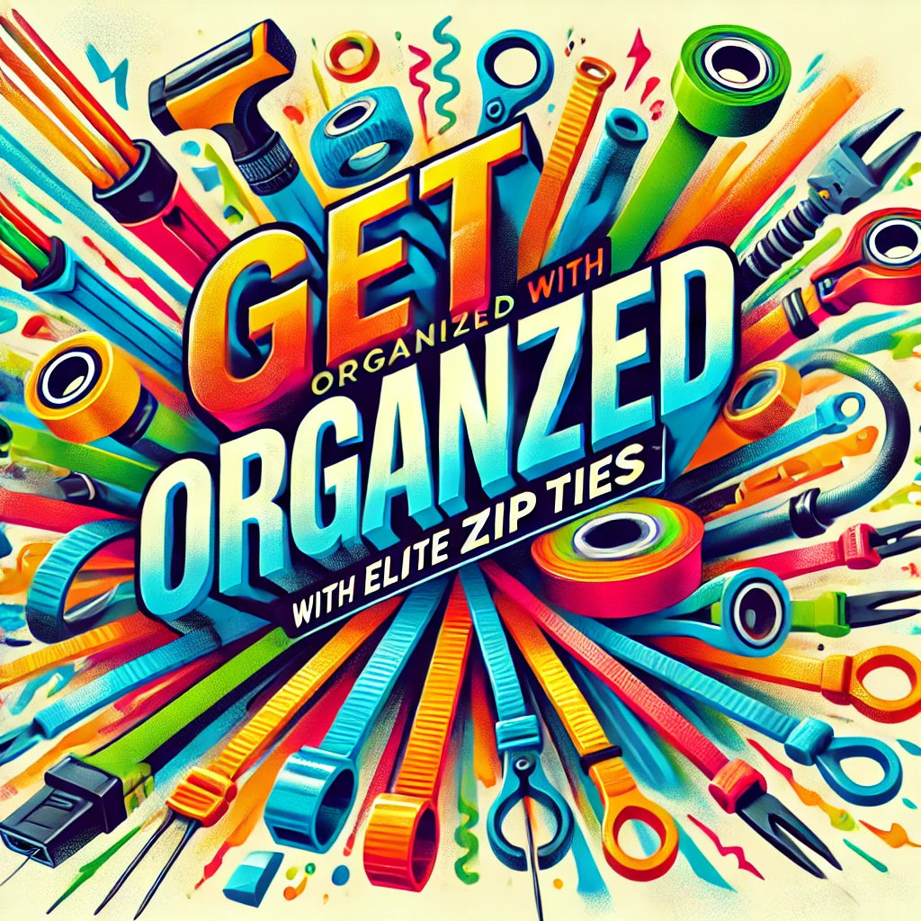 A colorful “Get Organized!” graphic, emphasizing the versatility of 8-inch stainless steel zip ties for organizing and securing projects.