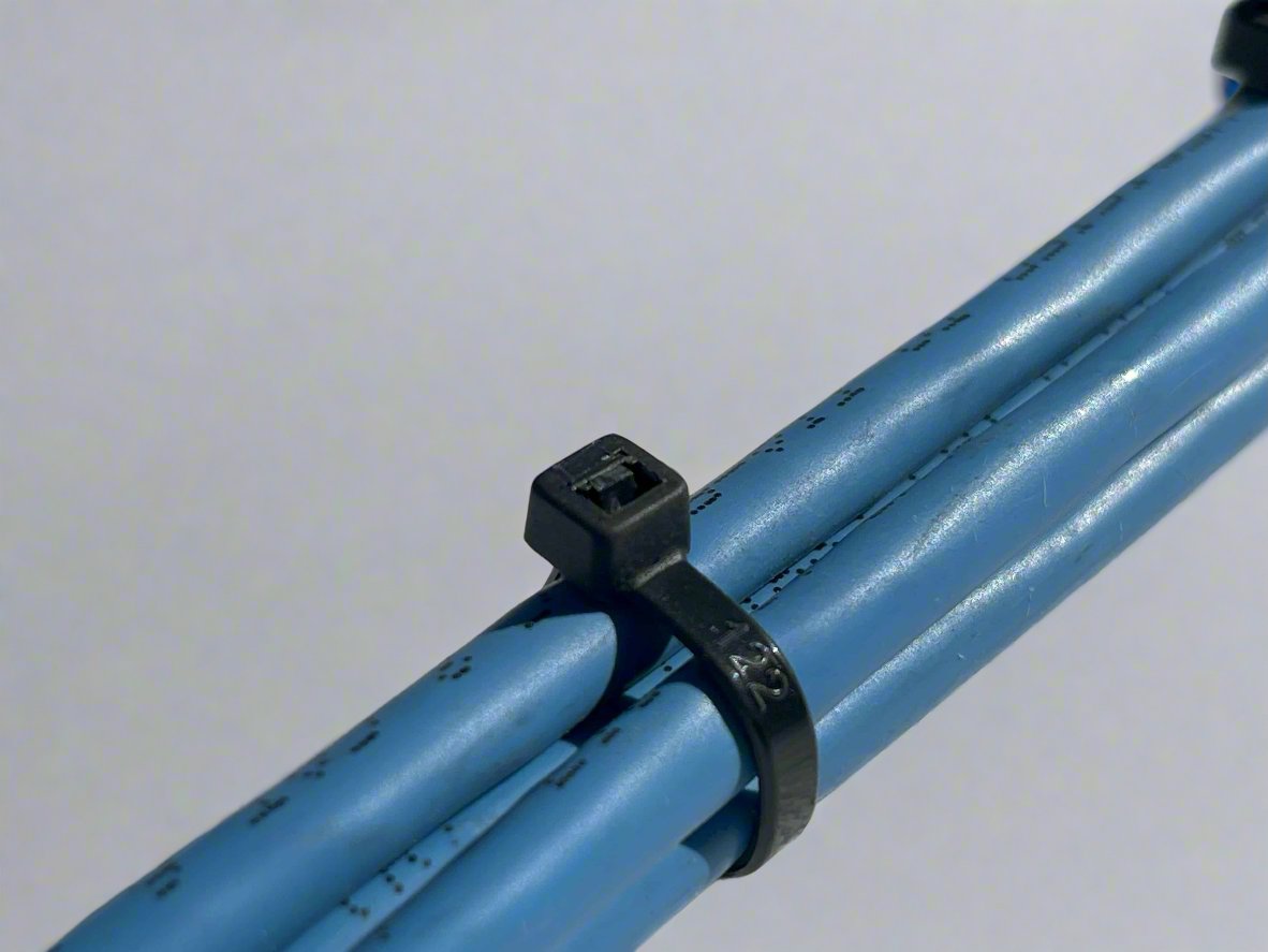 Close-up of black zip ties securely fastening cables, emphasizing the strength and reliability of Nylon 6/6 zip ties in electrical and networking setups.