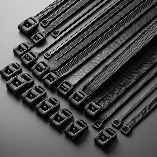 Hyper-realistic image showing black heavy-duty zip ties in various lengths, including 4-inch, 8-inch, 12-inch, and 24-inch, arranged side by side on a neutral background. The image highlights the texture and durability of the zip ties.