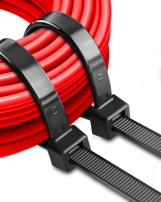 Close-up view of a black zip tie securing a bundle of red cables. The image highlights the self-locking mechanism of the zip tie, showing the ratchet-and-pawl design that ensures a secure hold.