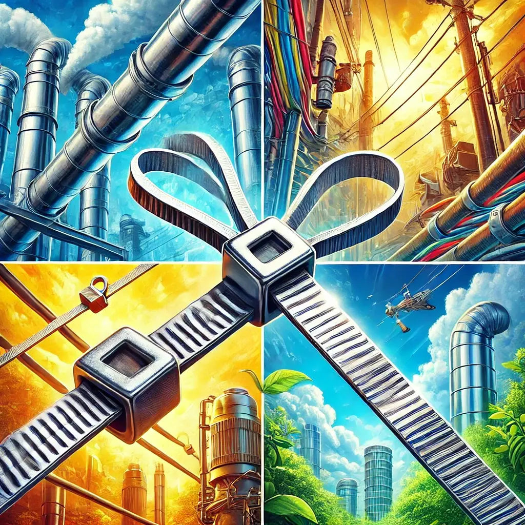 A vibrant image showcasing stainless steel zip ties in various industrial applications, including securing pipes, bundling cables, and fastening equipment outdoors.