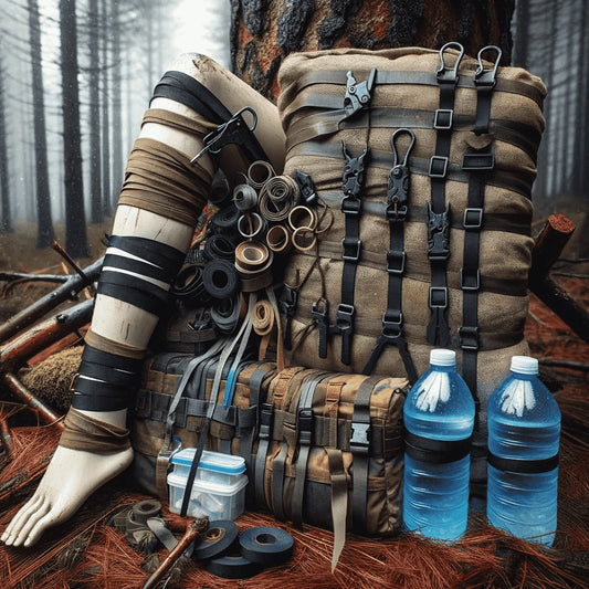 Survival Prep Display: Various Elite Zip Ties securing a tarp, organizing a bug-out bag, as an emergency tourniquet on a limb, and attaching water bottles for collection, demonstrating versatile survival uses in a forest setting.