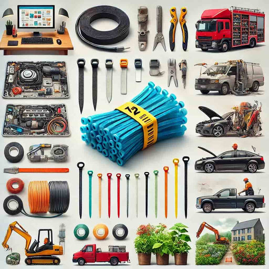 A high-quality image displaying various uses of 12-inch cable ties, including organizing cables in a home office, securing construction materials, performing automotive repairs, garden uses, and event management. 