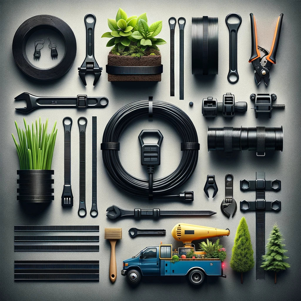 Ultra-realistic image showcasing various uses of black heavy-duty zip ties in everyday and professional settings. Depicts zip ties organizing cables, securing garden plants, bundling tools, and being used in construction and automotive contexts.