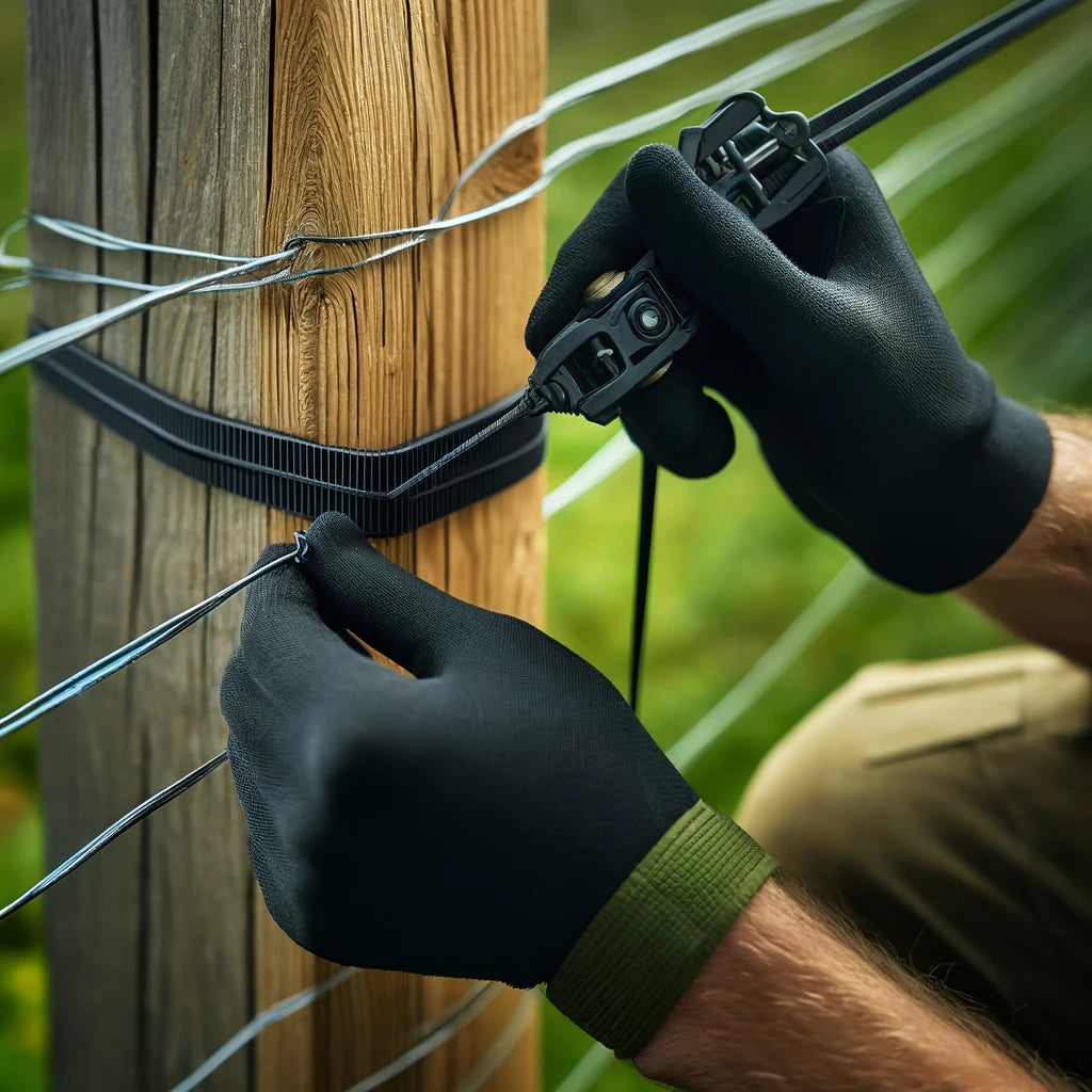 Installing heavy-duty 24-inch black zip ties to secure fencing on a wooden post.