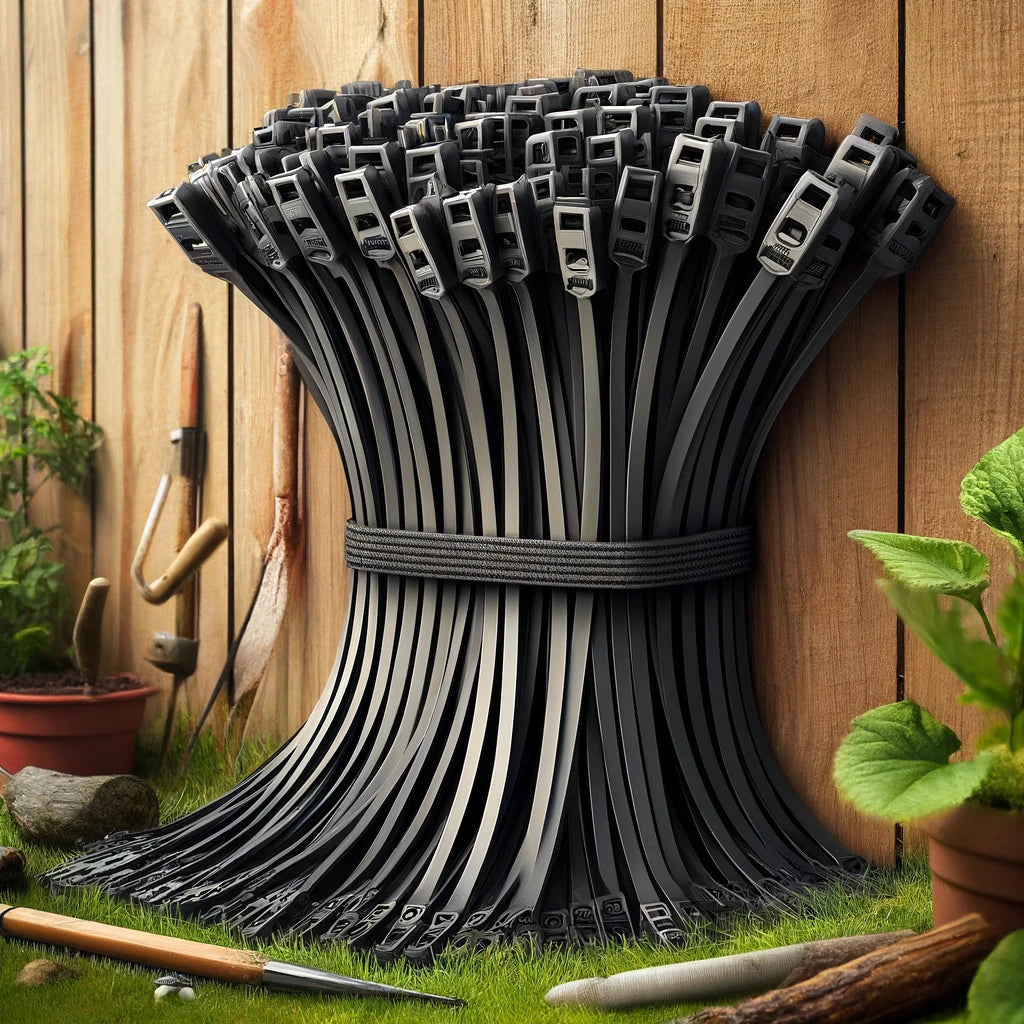 Repairing a garden fence with 24-inch heavy-duty black zip ties, providing strong and durable support.