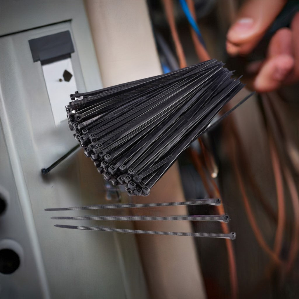 4-inch black heavy-duty zip ties from a 1000 pack in various scenarios including fire resistance, cable management, and high durability.