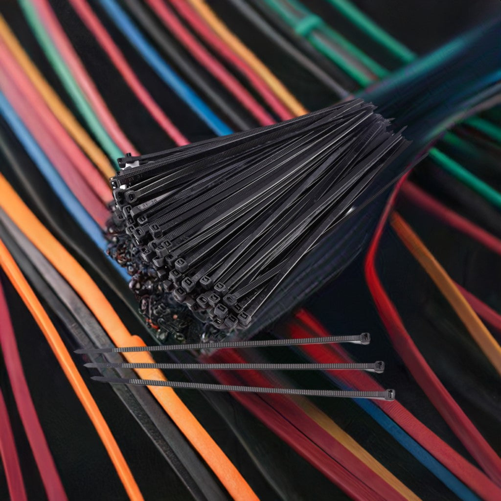 Colorful background with a bulk 1000-pack of 4-inch black heavy-duty zip ties, perfect for multiple projects and high tensile strength needs.