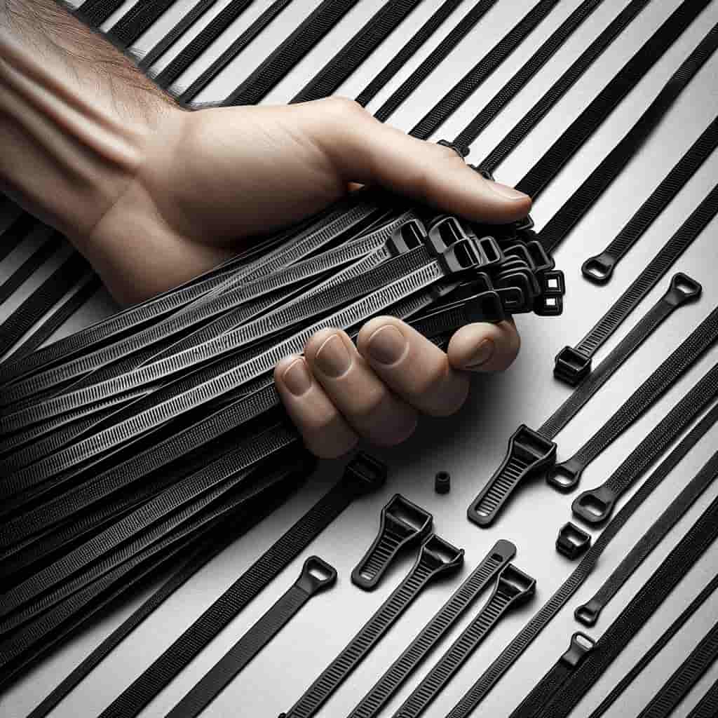 A hand gripping a variety of 12-inch black zip ties, showcasing their robust design for multiple uses.