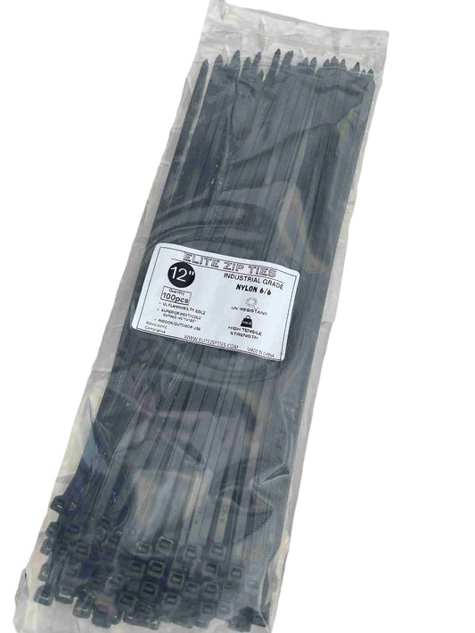 A 500-pack of 12-inch black zip ties, rated at 50lbs, packaged in industrial-grade quality for versatile use.