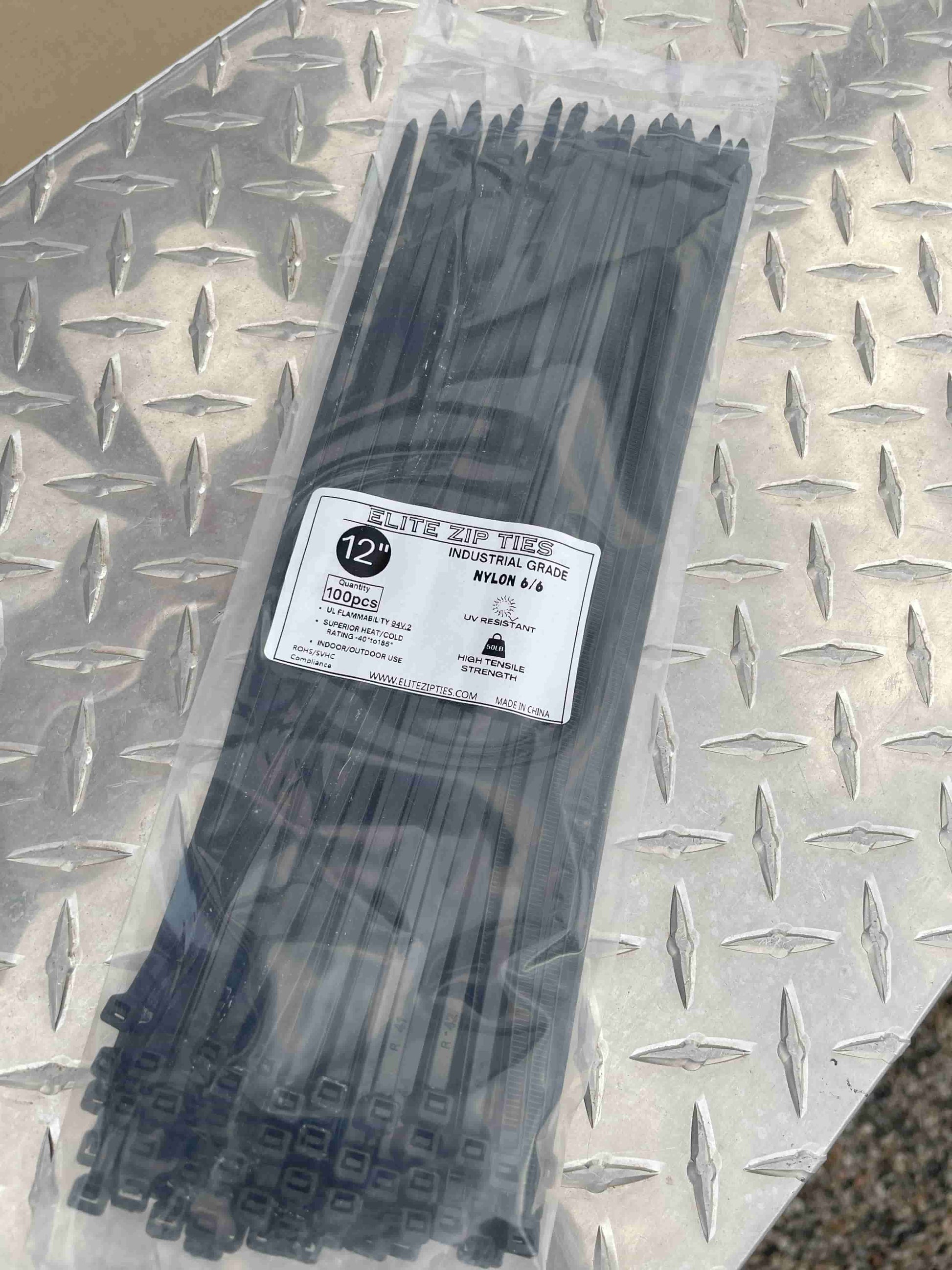 12-inch black zip ties in a 1000-pack, rated at 50lbs tensile strength, made from industrial-grade Nylon 6/6.