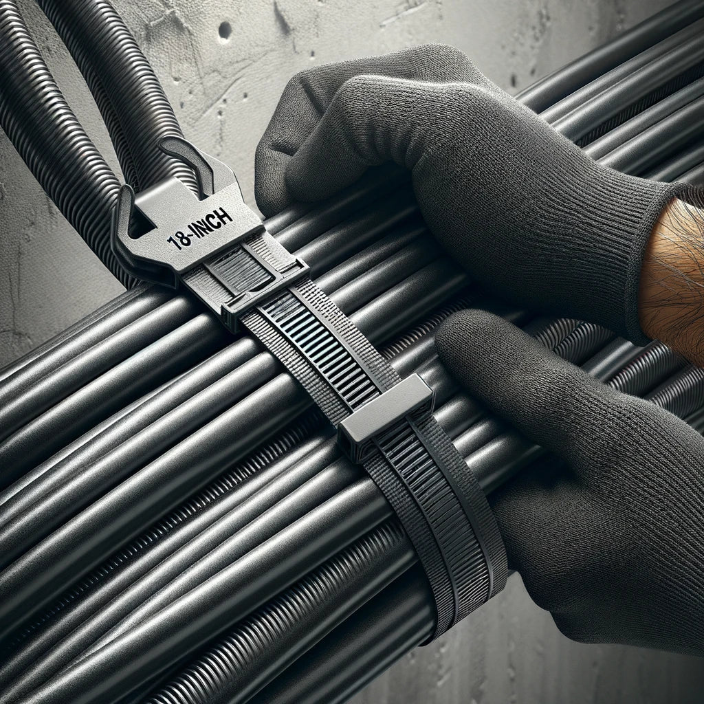 Worker installing heavy-duty 12-inch black zip ties on a bundle of conduits, showcasing secure fastening.