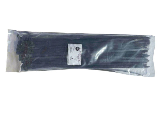 18-inch 120lb black industrial zip ties in clear packaging on an outdoor surface, ideal for secure bundling in outdoor and harsh environments.