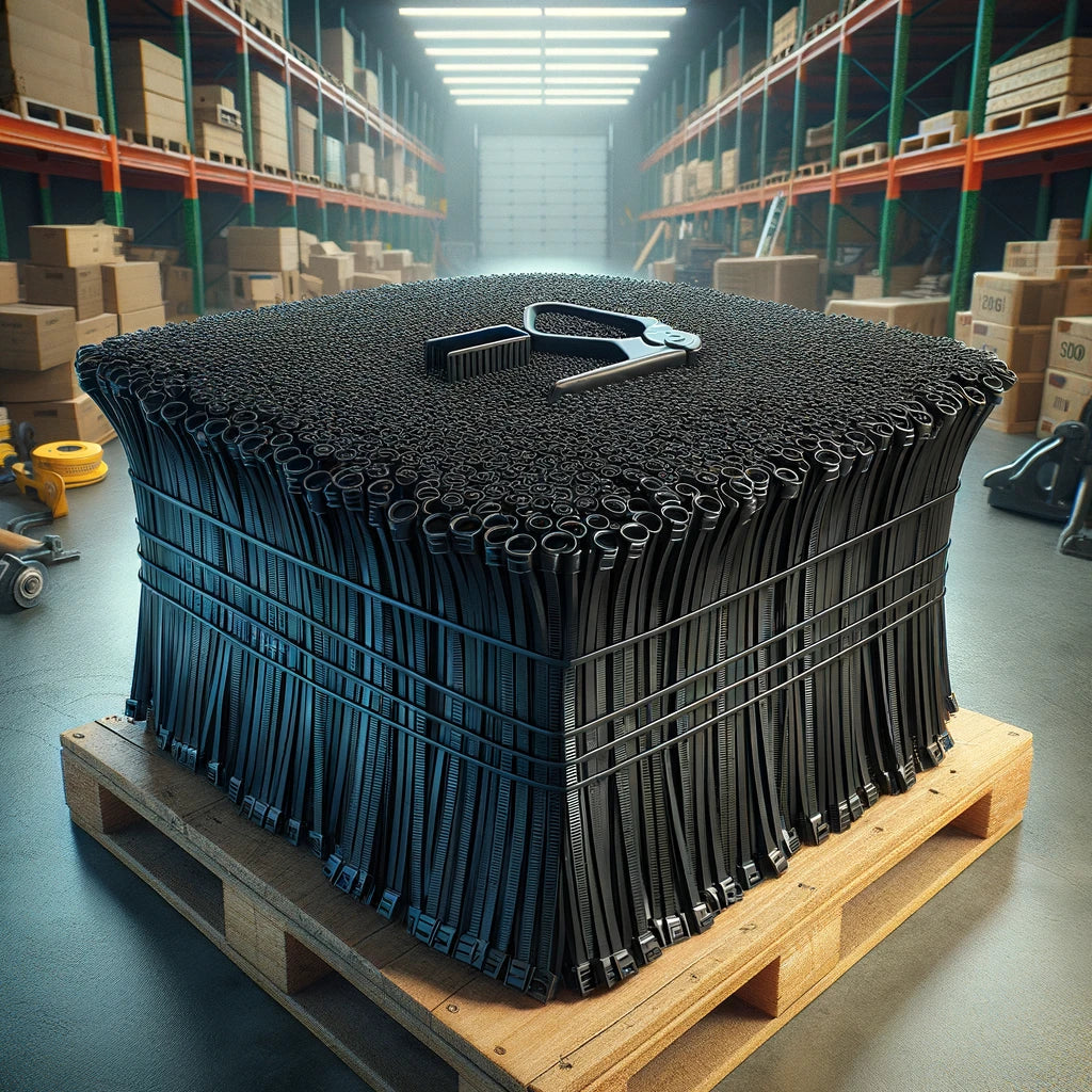 Bulk 1000-pack of 18-inch black extra heavy-duty zip ties in an industrial setting, showcasing their strength and versatility.