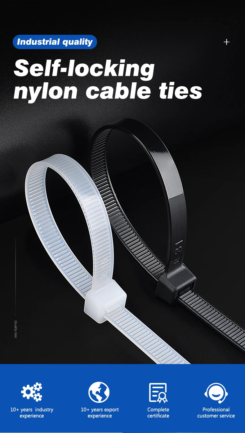 Close-up of black and white self-locking nylon zip ties, showcasing their high-quality construction and durability.