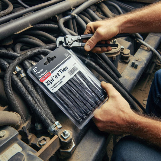 A mechanic using 30" 175lb black zip ties to bundle heavy cables in an engine bay.