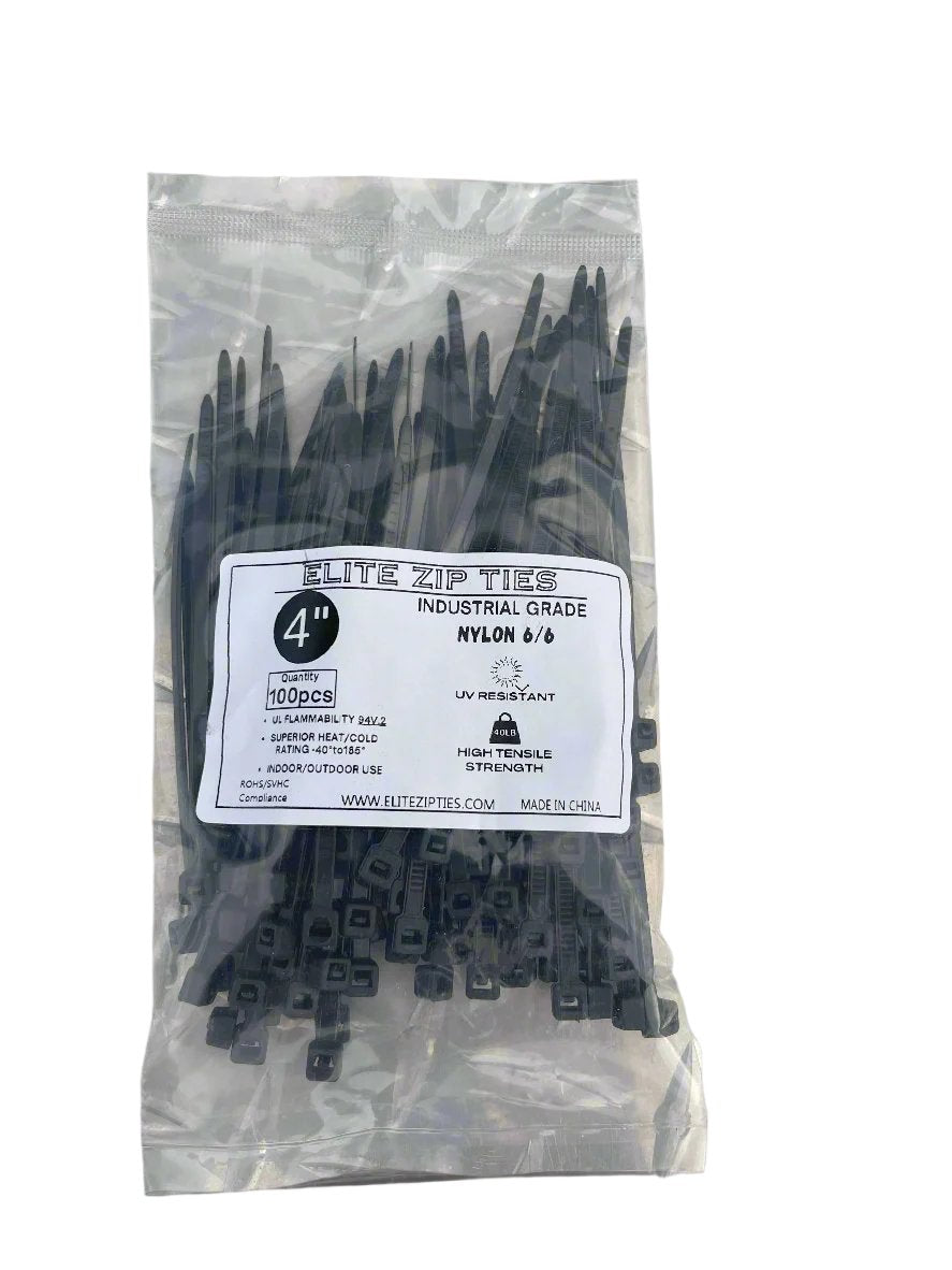 4-inch 40lb heavy-duty zip ties in a 100-pack, shown in a sealed bag for secure and organized storage.