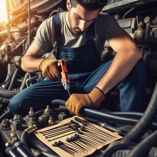 4-inch 40lb heavy-duty zip ties used by a mechanic for securing components in industrial settings.