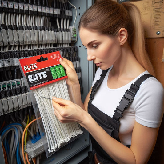 Electrician using 6-inch 40lb white zip ties to securely bundle wires in an electrical panel.