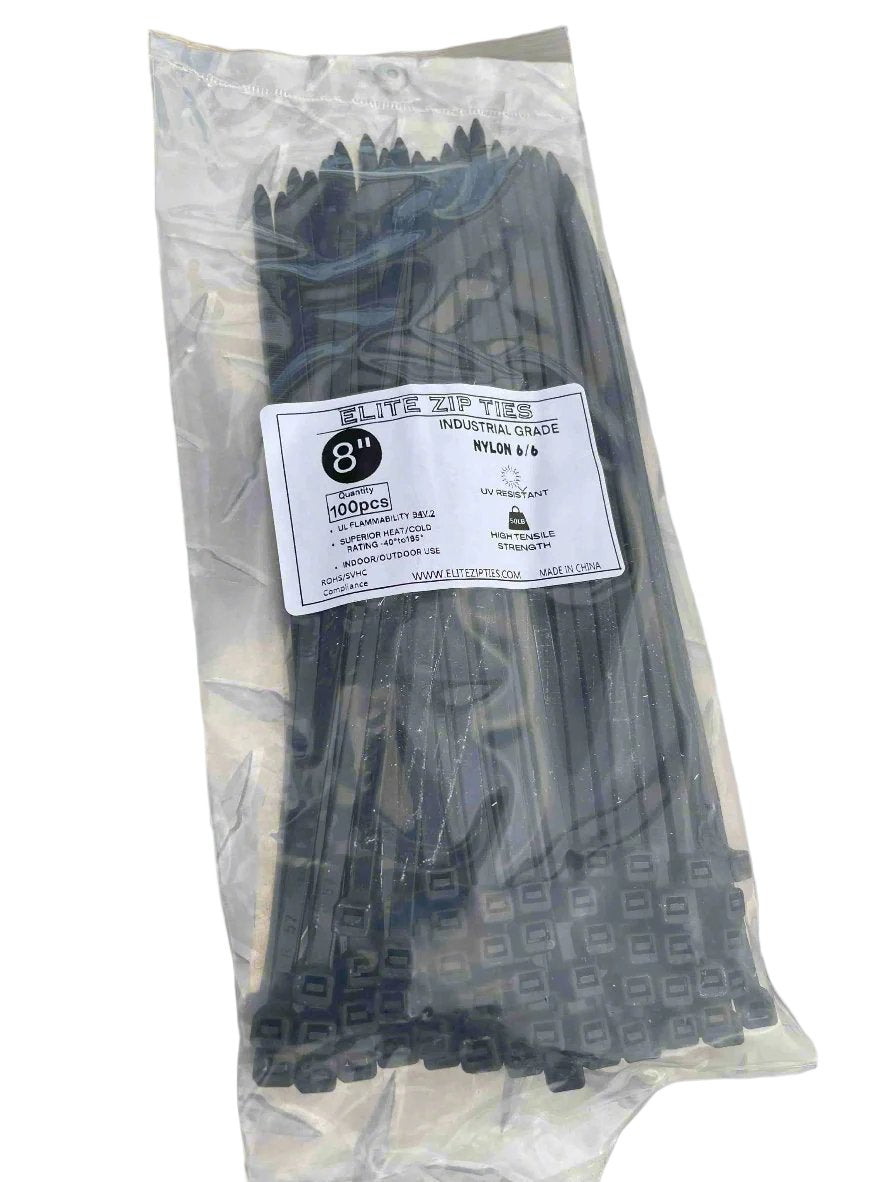 8-inch black industrial-grade zip ties, 200-pack, displayed on a metal surface.