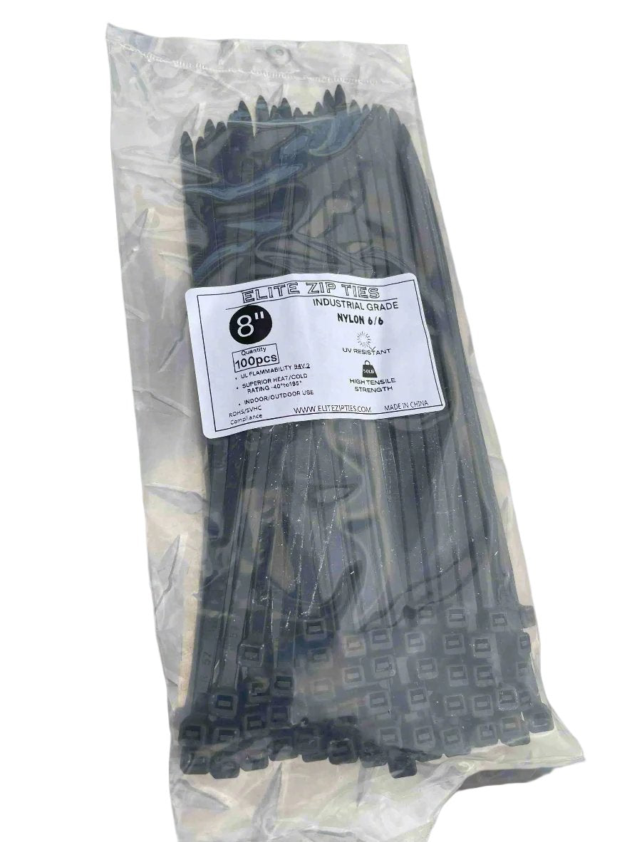 A 100-pack of 8-inch black Elite Zip Ties, industrial grade and ready for heavy-duty applications, displayed in its original packaging.