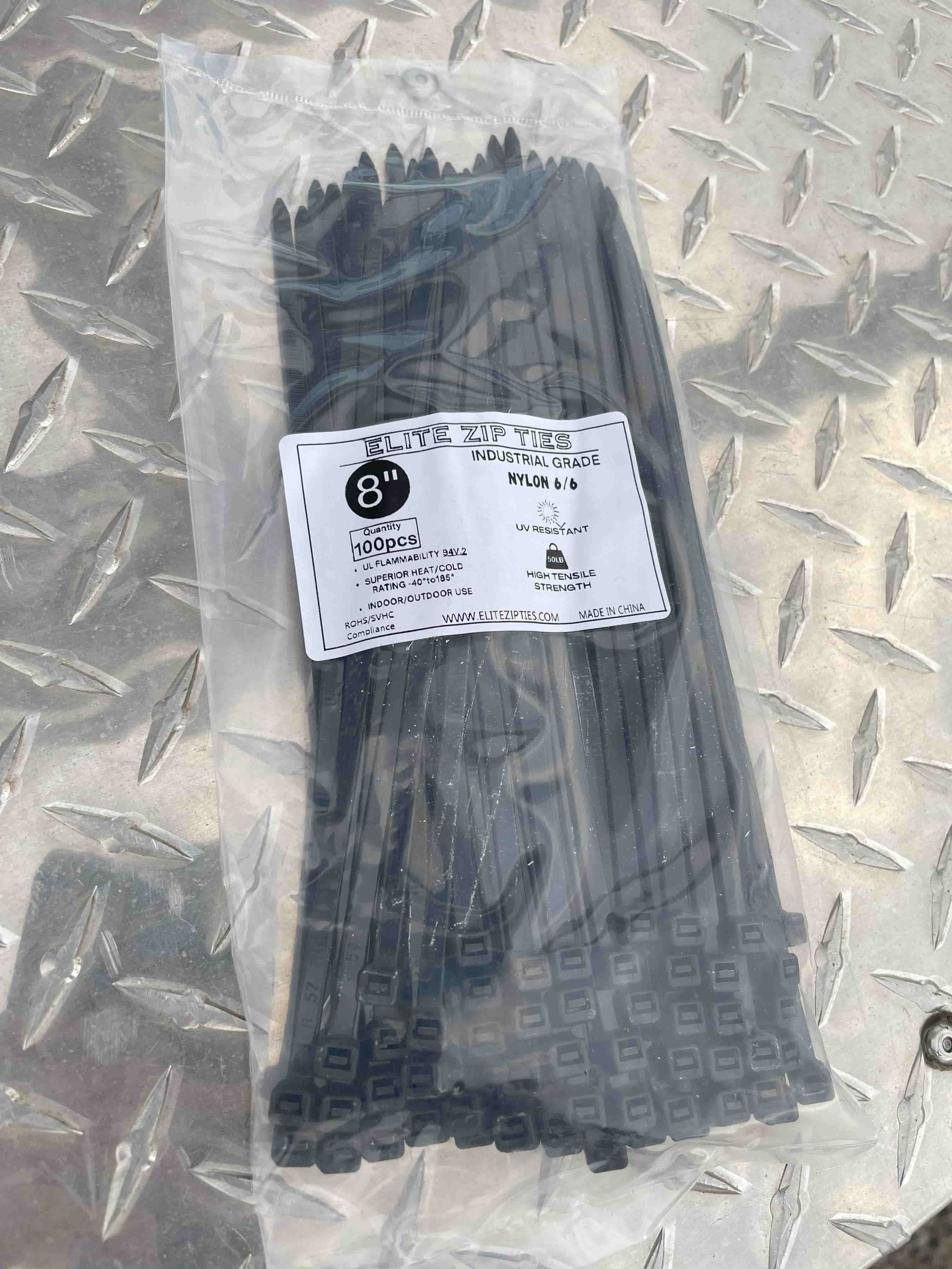 1000-pack of 8-inch heavy duty zip ties packaged on a metal surface