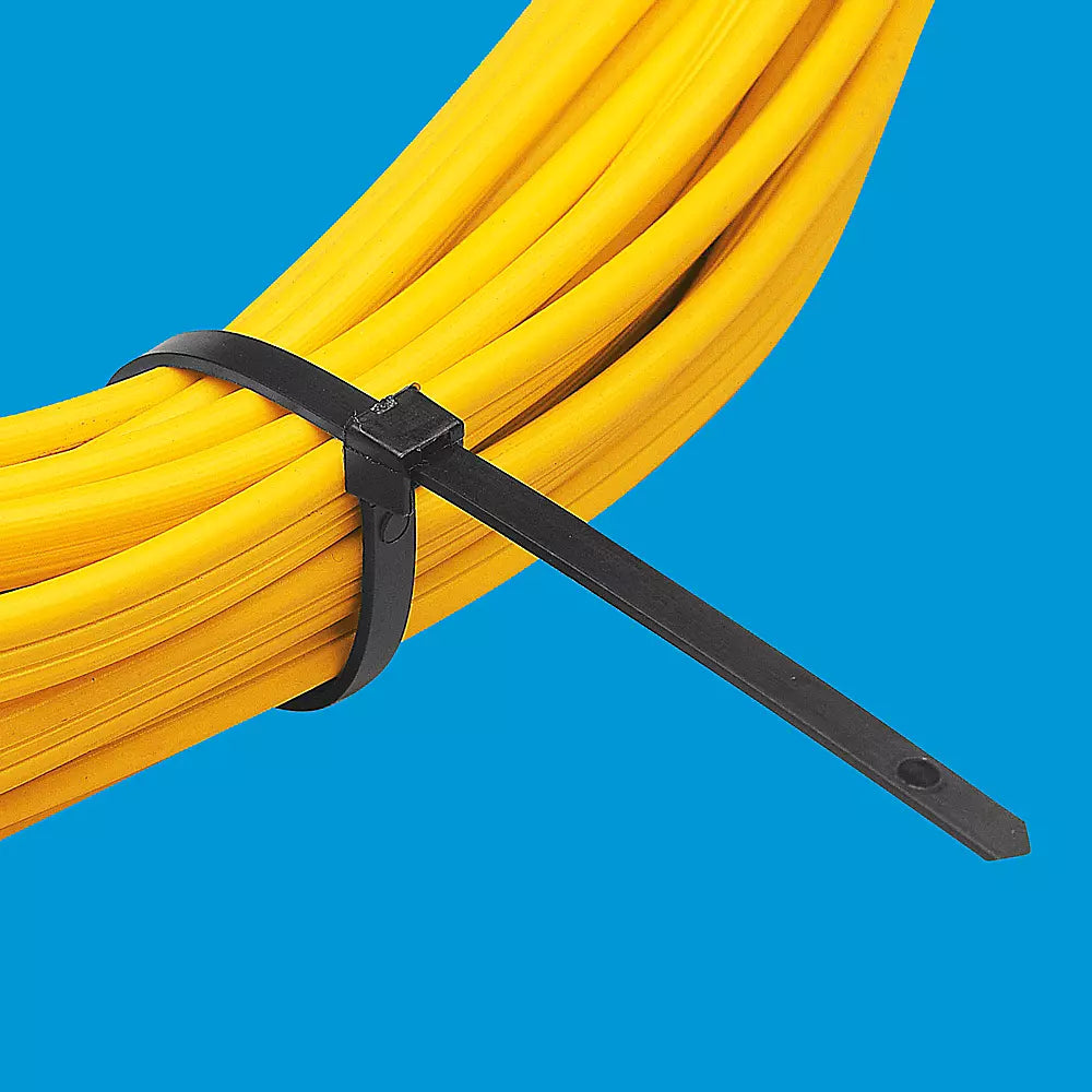 8-inch black zip tie securing a bundle of yellow cable, highlighting the strong hold and versatility of the Elite zip ties.