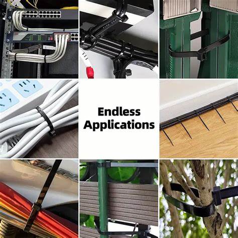 Collage showing the endless applications of 8-inch zip ties, including cable management and outdoor use.