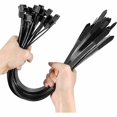 Hands bending a bundle of 12-inch black zip ties, rated at 120lbs tensile strength, showcasing flexibility and durability.