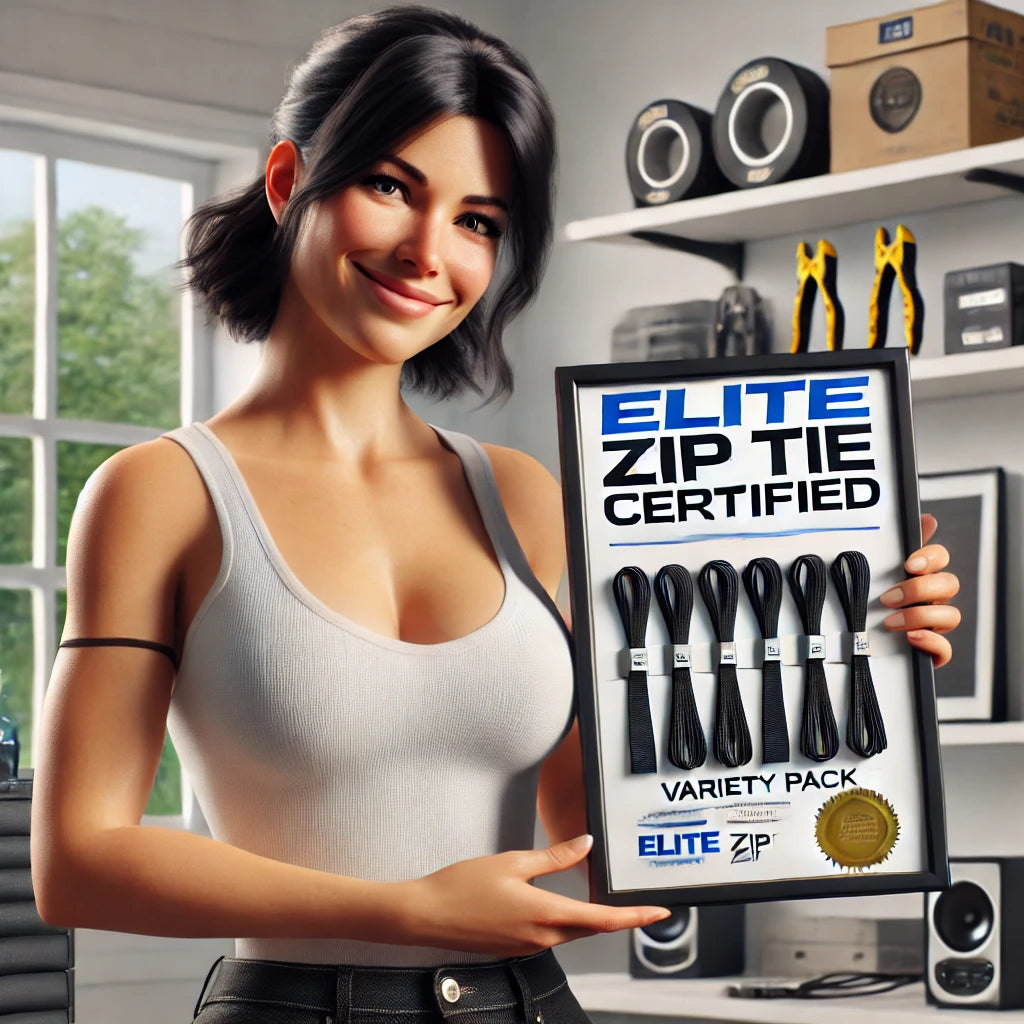 A woman proudly holding a certification that reads 'Elite Zip Tie Certified,' displaying a variety pack of black Elite Zip Ties in her home workshop.