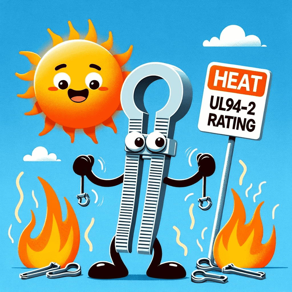 Heat-resistant zip ties with a UL94-2 rating, depicted in a fun and engaging graphic, highlighting their durability under extreme conditions.