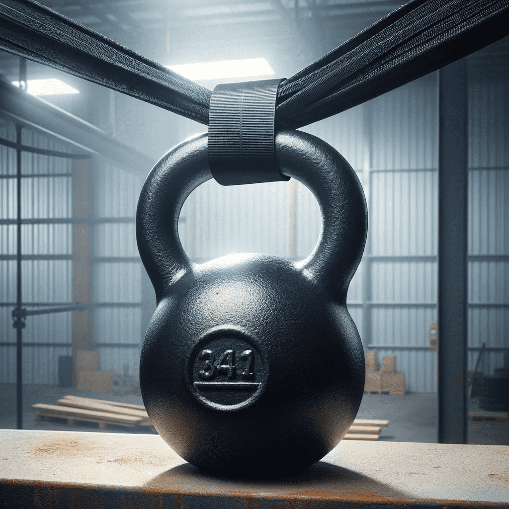 Heavy duty cable tie demonstrating strength by holding a kettlebell.