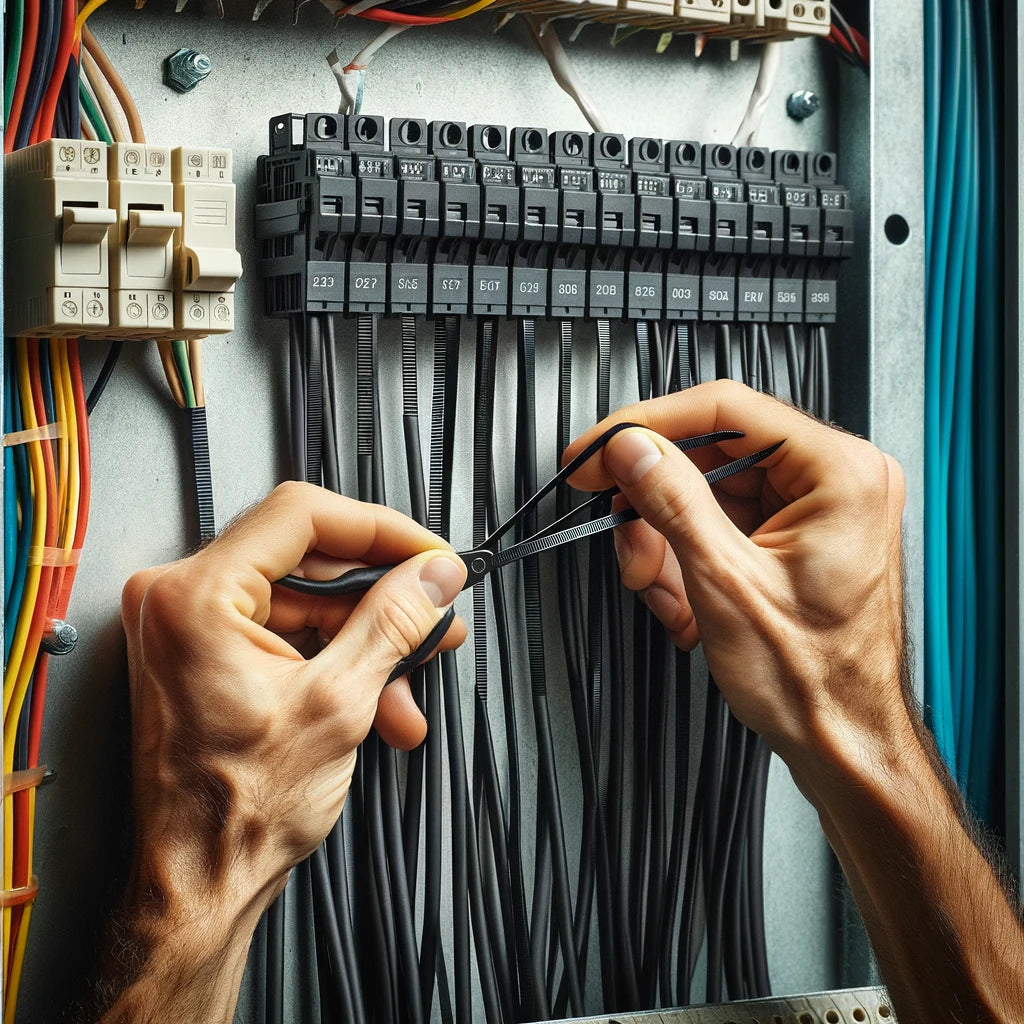 Electrician installing zip ties in an electrical panel, securing wires with precision using industrial-strength ties.