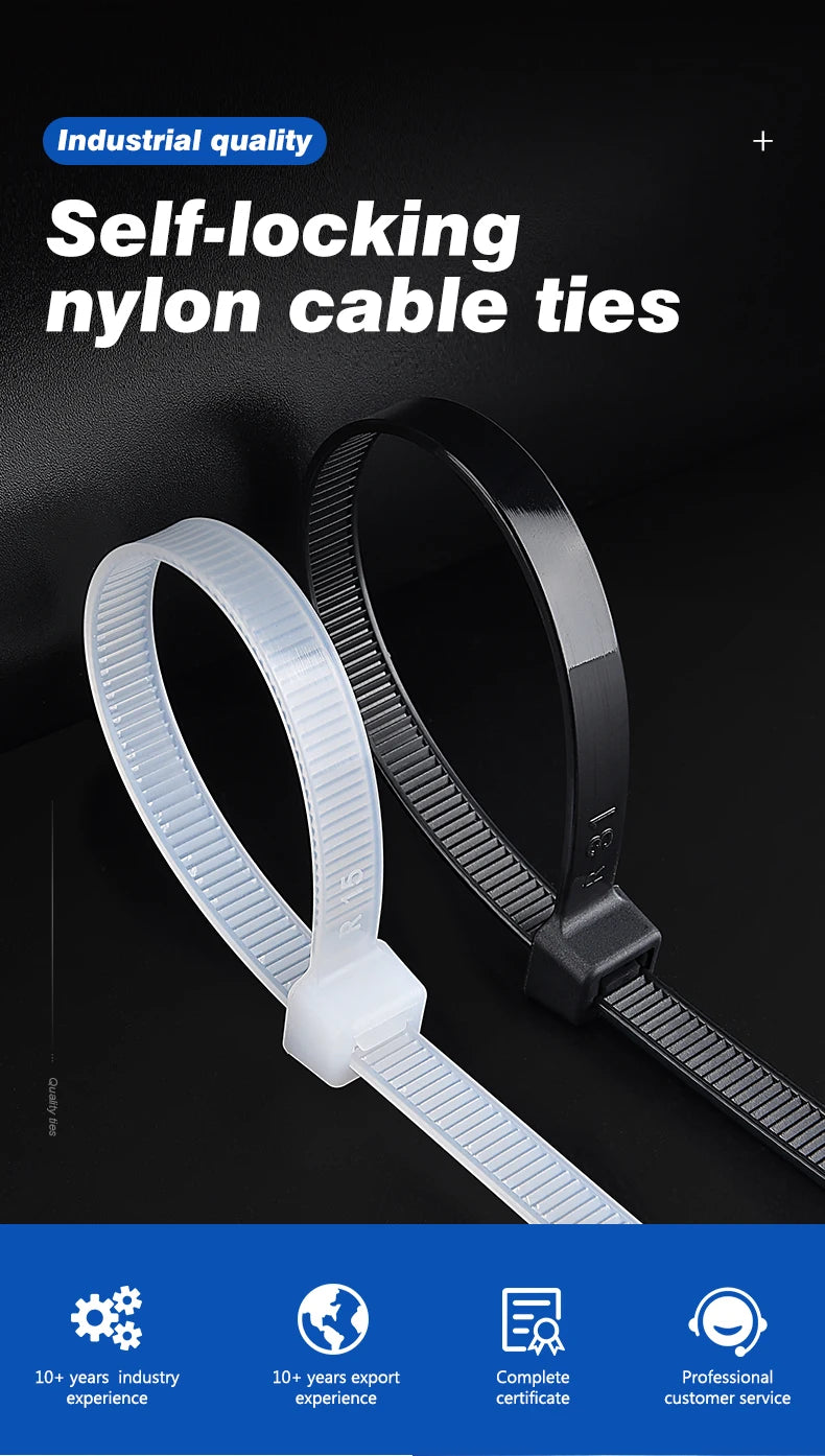 Industrial quality self-locking nylon cable ties in black and white, highlighting durability and professional use.