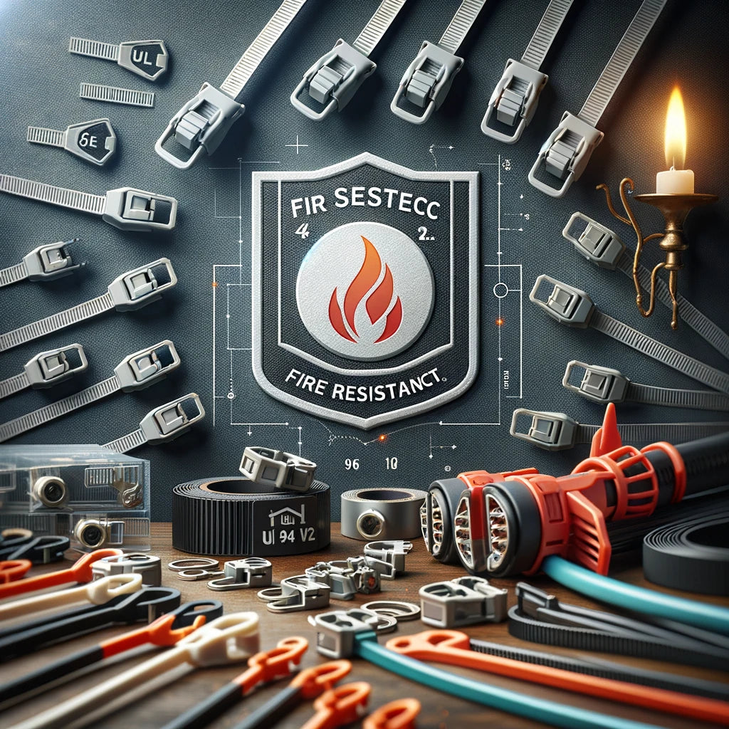 UL 94V2 certified fire-resistant zip ties arranged in various configurations.