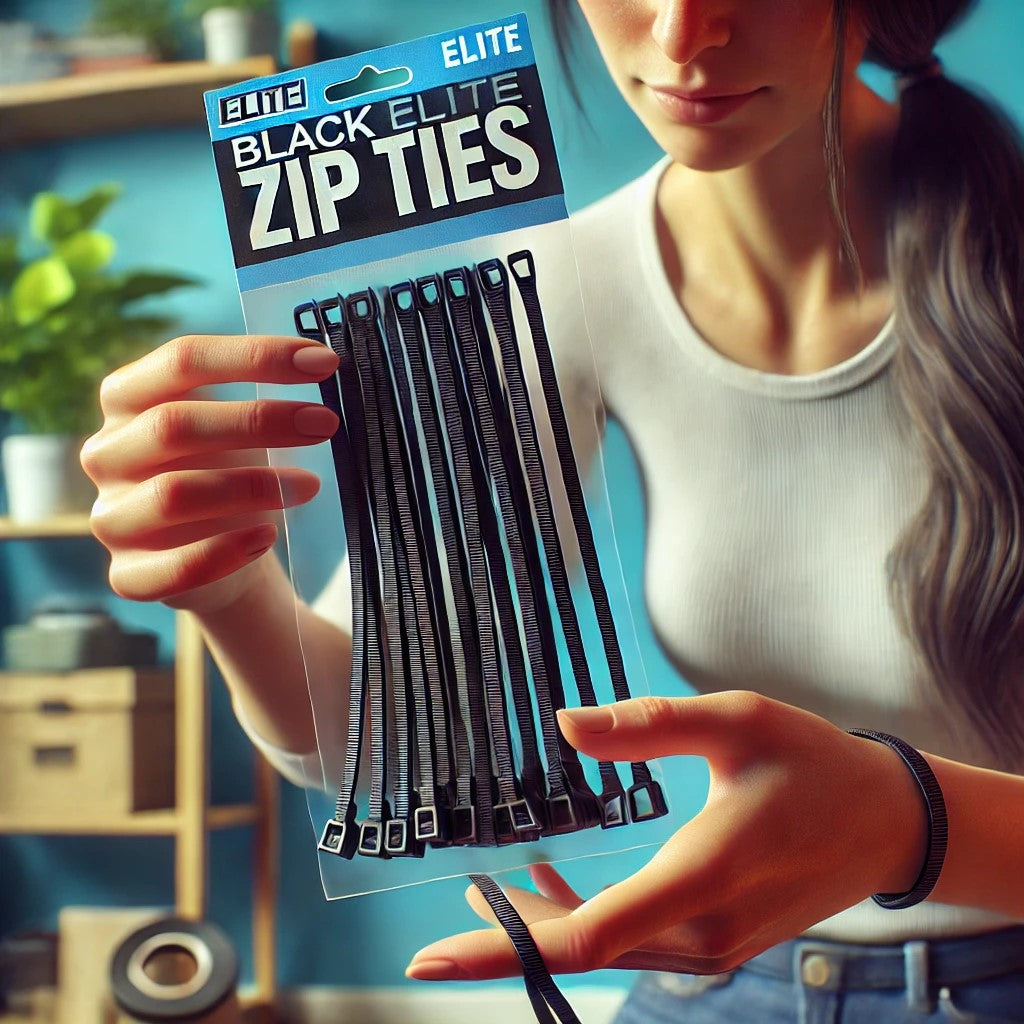 An average woman holding a 100-pack of 8-inch extra heavy-duty black Elite Zip Ties, perfect for various household tasks.